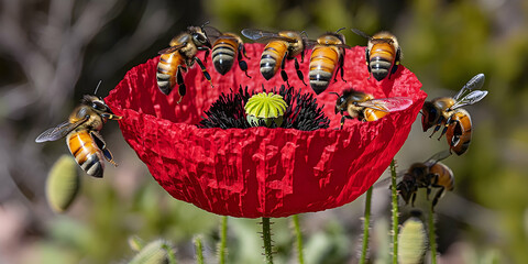 Naklejka premium Many bees gather around a vibrant red flower with black and green center on a bright day buzzing foraging