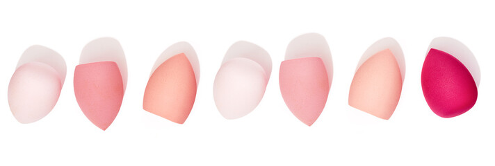 lineup of six makeup sponges arranged horizontally on a white background