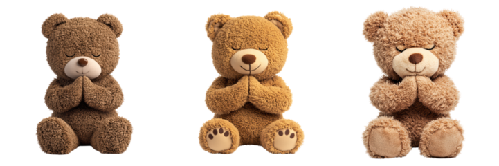Cute Plush Bears in Prayer Pose Ready for Heartwarming Designs, isolated on transparent background.