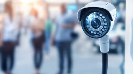 A camera mounted on a pole captures a gathering of people below.