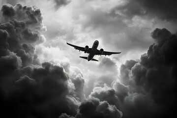 Airplane flying through stormy clouds monochrome shot