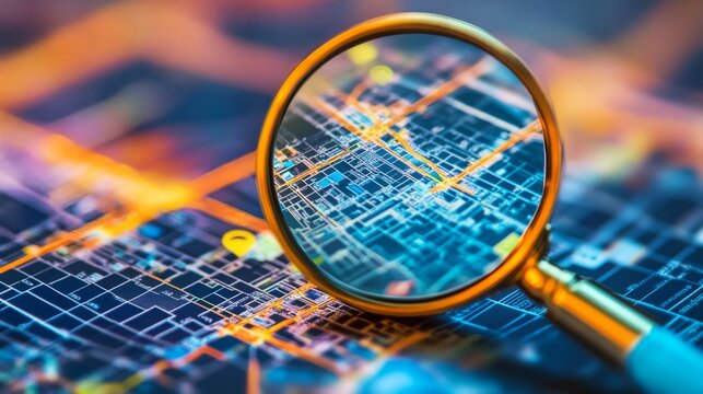 Magnifying glass over city map showing real estate opportunities and analytics