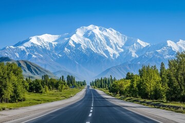 Asphalt road stretches toward majestic snow-capped mountain range under clear blue sky. Rich green pine forest lines sides of empty street, creating serene natural landscape. Perfect travel