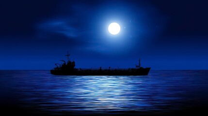 Fototapeta premium Cargo Ship Silhouette at Night Under a Full Moon
