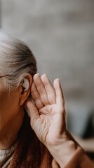 Fototapeta premium Close Up of Senior Woman Cupping Ear, Soft Lighting, Neutral Background