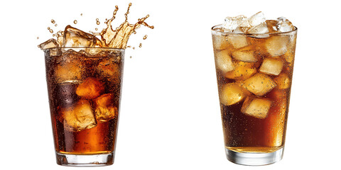 Refreshing Sparkling Beverage with Ice Cubes in Glasses, isolated on transparent background.