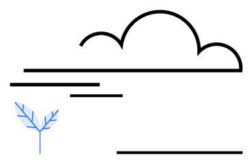 Stylized cloud with horizontal wind lines and a delicate blue leaf. Ideal for weather, eco concepts, environment, motion, nature, energy, sustainability. Modern flat simple metaphor