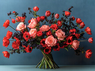 Opulent arrangement of red and pink flowers contrasted against a deep blue backdrop stems bound together
