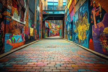 Vibrant Urban Alleyway. Colorful graffiti art adorns the brick walls of a narrow alleyway. A paved walkway stretches into the distance