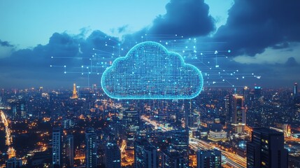 A bright blue digital cloud composed of interconnected nodes hovers over a modern city skyline, representing cloud storage.