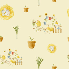 Watercolor Farm Life Pattern with Baby Chicks – Rustic Spring Seamless Design. Watercolor Cute Pattern, Digital Background, Scrapbooking.  © SophieMyWatercolor