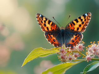 Obraz premium Orange butterfly on delicate pink blooms soft light
