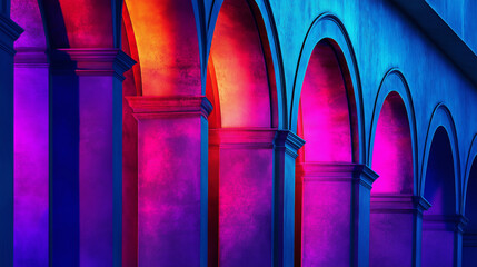 Architectural arches pillars illuminated vibrant colorful blue purple pink lights
