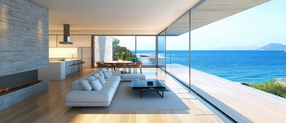 Modern living room with ocean view featuring a white sofa stone fireplace and wooden floor creating a serene and luxurious atmosphere in a coastal villa
