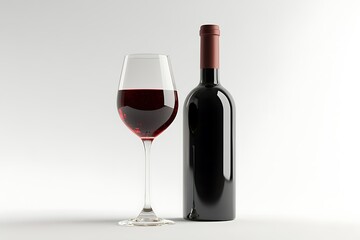3D Render of a Glass of Red Wine with a Bottle Beside It Isolated on White Background
