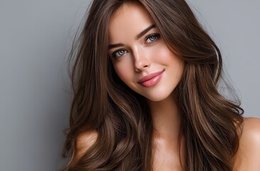 Naklejka premium Beautiful young woman with long brown hair posing for a portrait, isolated on a grey background