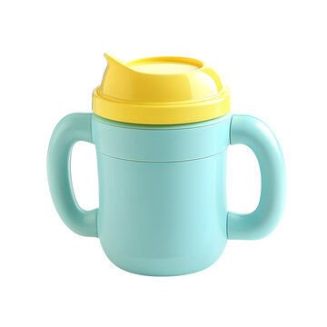 A toddler sippy cup with handles and a spill-proof lid, isolated on a transparent background.