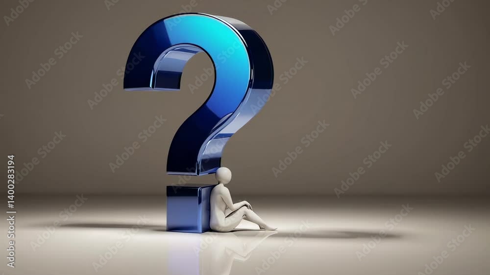 Poster contemplating solutions, white stylized human sitting beside large reflective blue question mark, ex