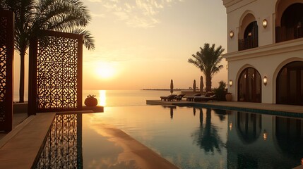 Luxurious resort poolside view during sunset showcasing palm trees and intricate architecture with vibrant sunset colors
