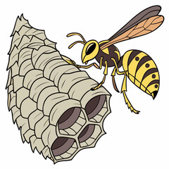 Paper Wasp Building Nest Cartoon