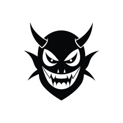 a black and white evil demon face with sharp horns.eps