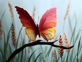 Paper butterfly perched on branch amid stylized flora soft hues Natures crafted elegance