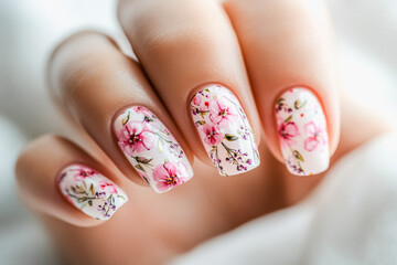 Elegant floral nail art design on woman's hand with pastel colors for beauty and fashion concepts