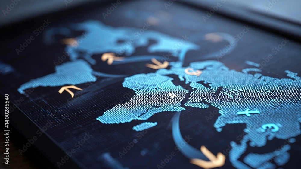 Poster global currency exchange map with arrows and layered design