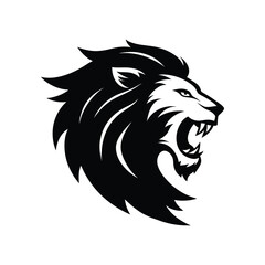 a black and white fierce lion head with a flowing mane.eps