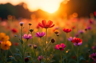 Obraz premium Colorful wildflowers in a field at sunset. Natural light shines through the brightly colored flowers creating a spring/summer picture. Early summer.