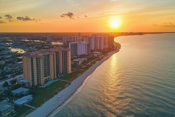 Coastal Florida cityscape. Buildings line sandy beach at sunset. City skyline, ocean view. Vacation resort, travel destination. Tranquil waters, tropical evening atmosphere
