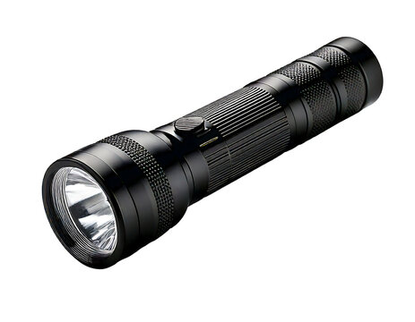 A black flashlight isolated on transparent background and white background