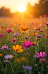 Fototapeta premium Colorful wildflowers in a field at sunset. Natural light shines through the brightly colored flowers creating a spring/summer picture. Early summer.