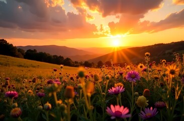 Colorful wildflowers in a field at sunset. Natural light shines through the brightly colored flowers creating a spring/summer picture. Early summer.