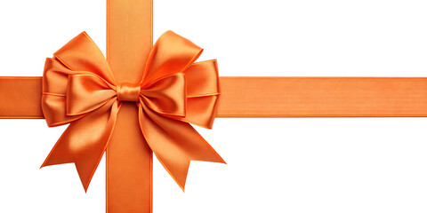 Large orange bow on the left side of a straight ribbon, isolated on a transparent background - ideal for banners or frames for Easter, Christmas, birthdays, gifts, Valentine's Day