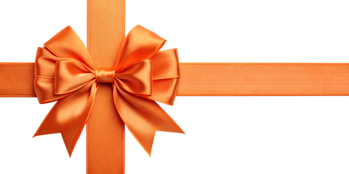 Large orange bow on the left side of a straight ribbon, isolated on a transparent background - ideal for banners or frames for Easter, Christmas, birthdays, gifts, Valentine's Day