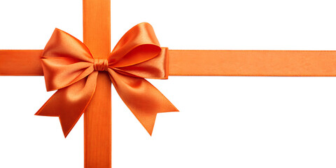 Large orange bow on the left side of a straight ribbon, isolated on a transparent background - ideal for banners or frames for Easter, Christmas, birthdays, gifts, Valentine's Day