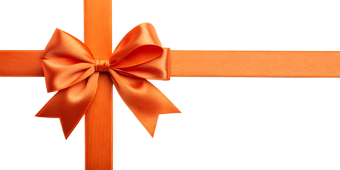 Large orange bow on the left side of a straight ribbon, isolated on a transparent background - ideal for banners or frames for Easter, Christmas, birthdays, gifts, Valentine's Day