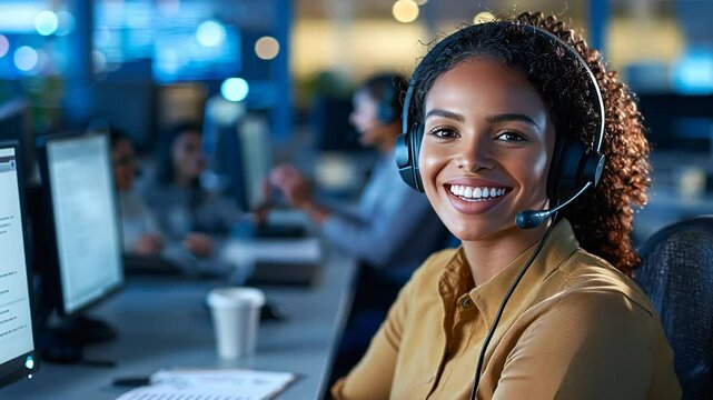 Cheerful woman in modern call center with headset engaged in conversation