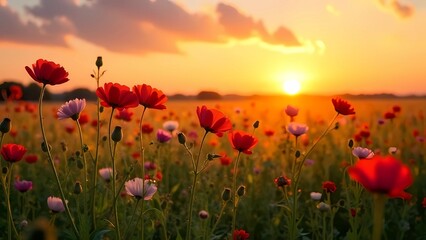 Fototapeta premium Colorful wildflowers in a field at sunset. Natural light shines through the brightly colored flowers creating a spring/summer picture. Early summer.
