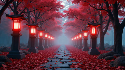 幻想的な紅葉の参道と灯篭の光