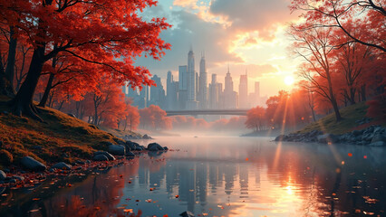 秋の夕暮れに包まれた都市と川の風景