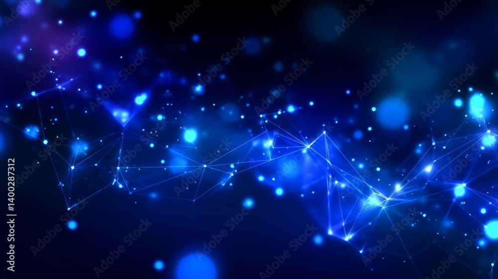 Poster visual representation of cosmic connections and network patterns in a dark blue background with glow