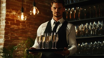 Waiter holding champagne glasses in upscale bar setting with warm lighting.
