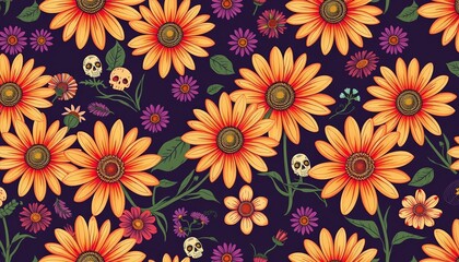 Groovy skeletal daisy floral Halloween pattern, vector seamless design, florals, vector