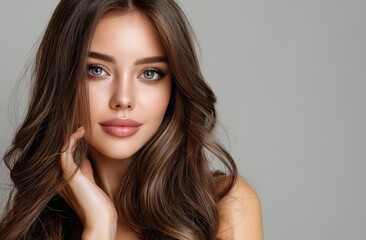 Naklejka premium Beautiful young woman with long brown hair posing on a gray background, close-up portrait of a beautiful model in a spa salon