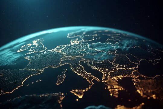 Digital view Earth at night with illuminated cities, global communication networks. Represents digital transformation, connectivity, technology innovation, data transfer.