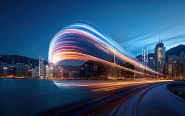 Obraz premium Nighttime cityscape featuring a passing train illuminated by city lights.