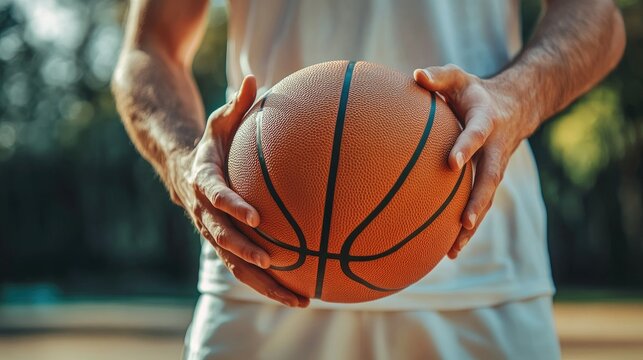 A young athlete in a red jersey dribbles a basketball on an outdoor court. with trees and a distant goalpost visible in the background. capturing the essence of sports and competition