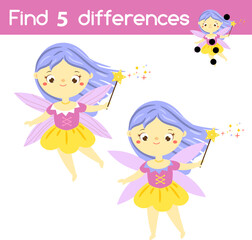 Find the differences educational children game with answer. Kids activity with elf fairy girl